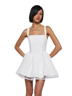 Dolls Kill White Square-Neck Mini Dress with Flared Skirt